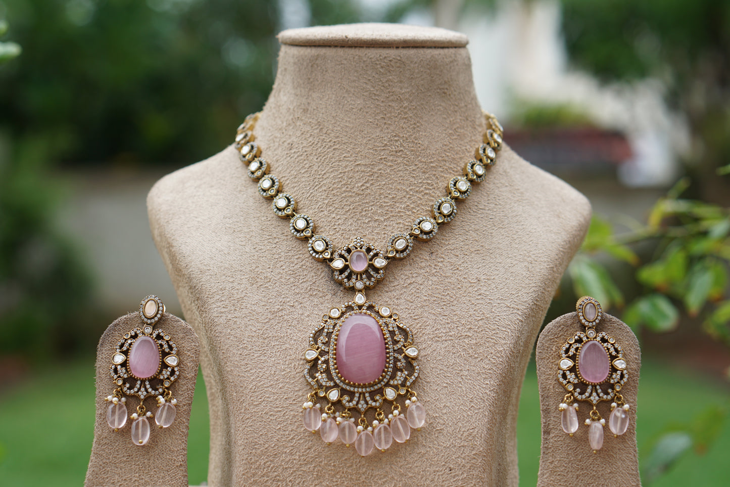 Pink stone polki set (4-8206)(EX)(ALREADY DISCOUNTED PIECE) - JEWELSTYLE