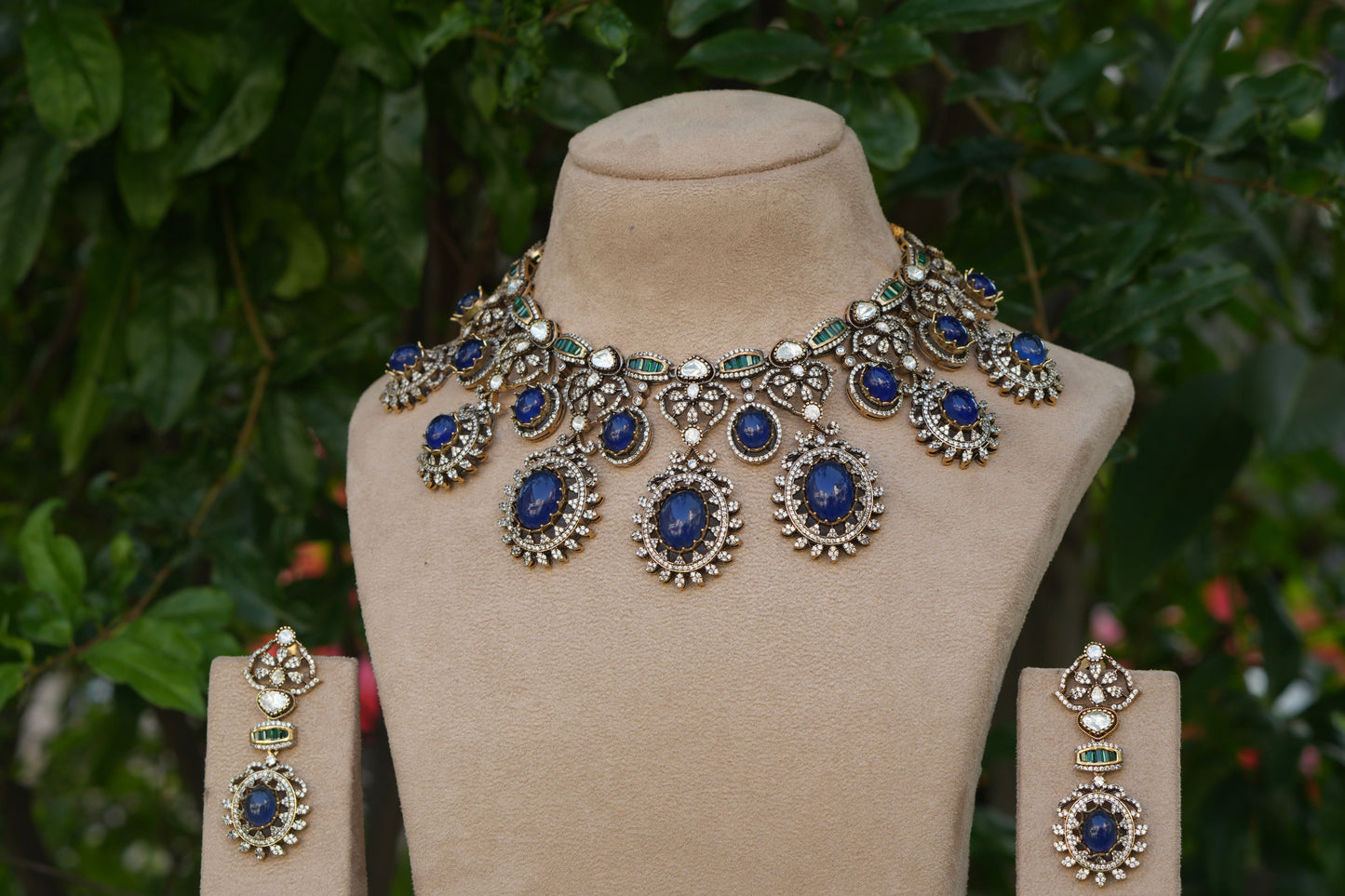 Blue Stone Polki Necklace Set(4-9048)(B)
