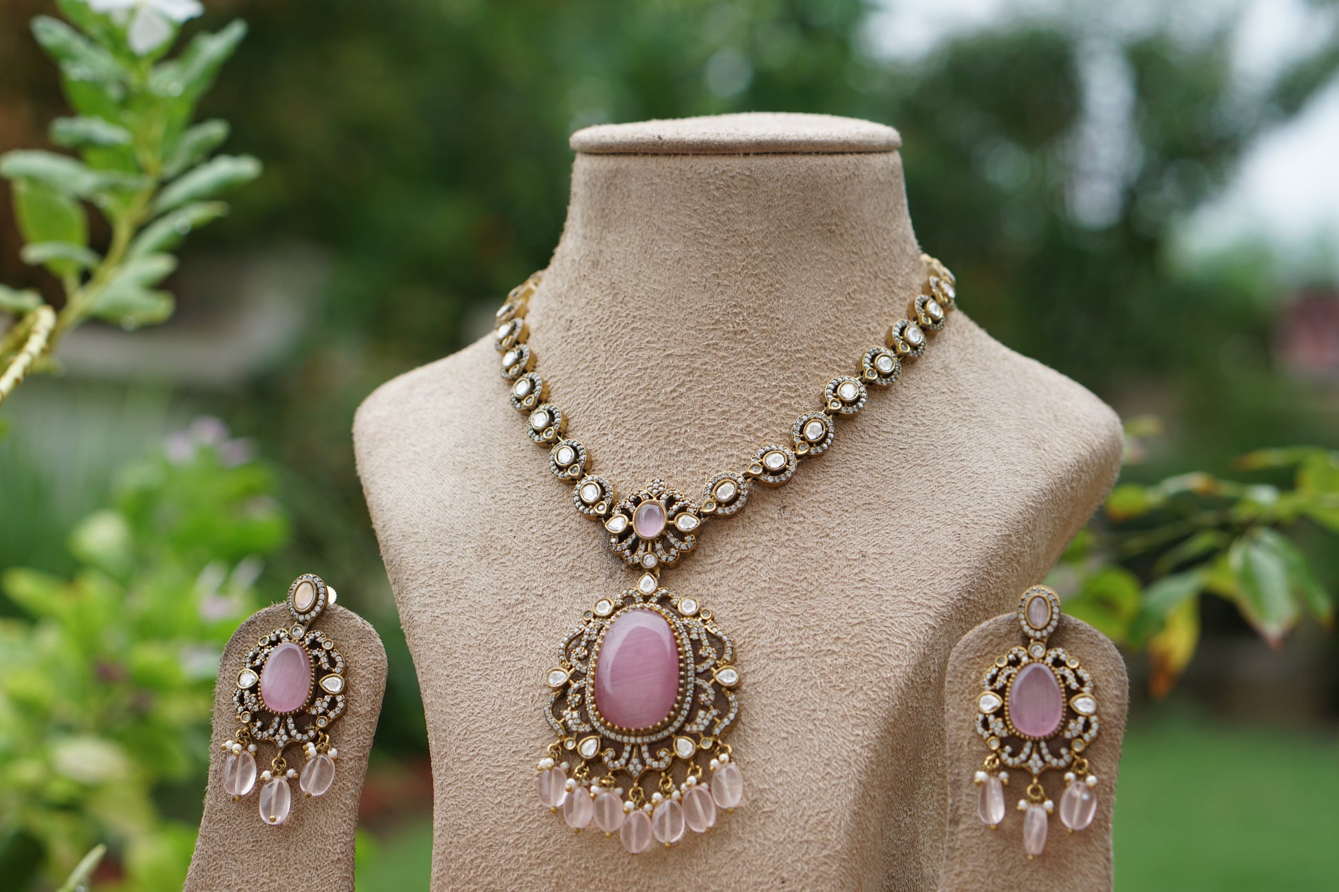 Pink stone polki set (4-8206)(EX)(ALREADY DISCOUNTED PIECE) - JEWELSTYLE