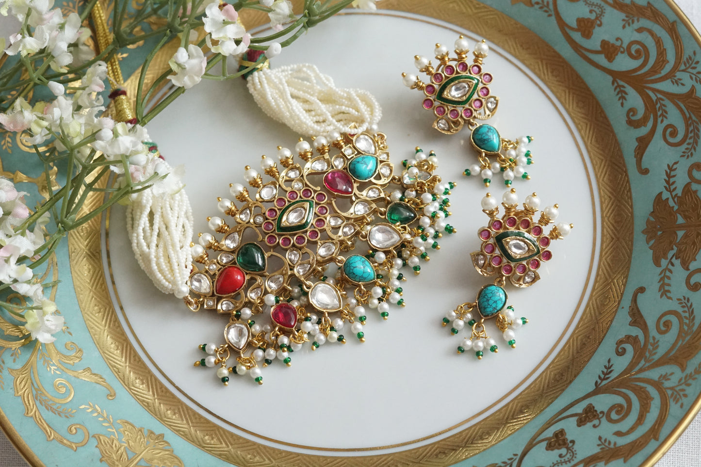 Navratran Polki Choker Set (4-9128)(B) - JEWELSTYLE
