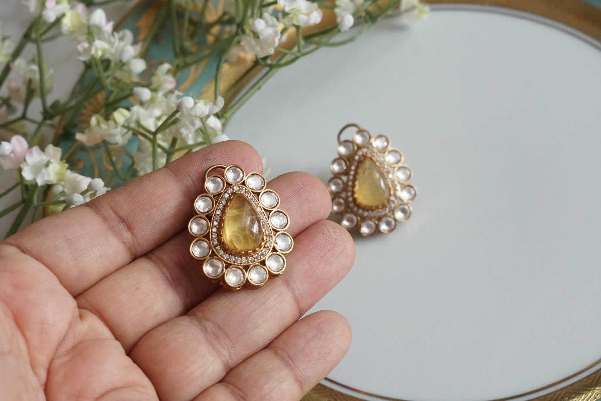 Yellow Stone Polki Studs (1-5161)(B) - JEWELSTYLE