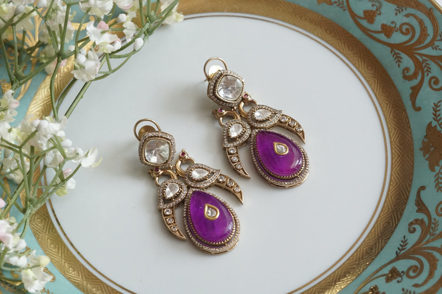 Purple Stone Polki Earrings (1-5154)(B) - JEWELSTYLE