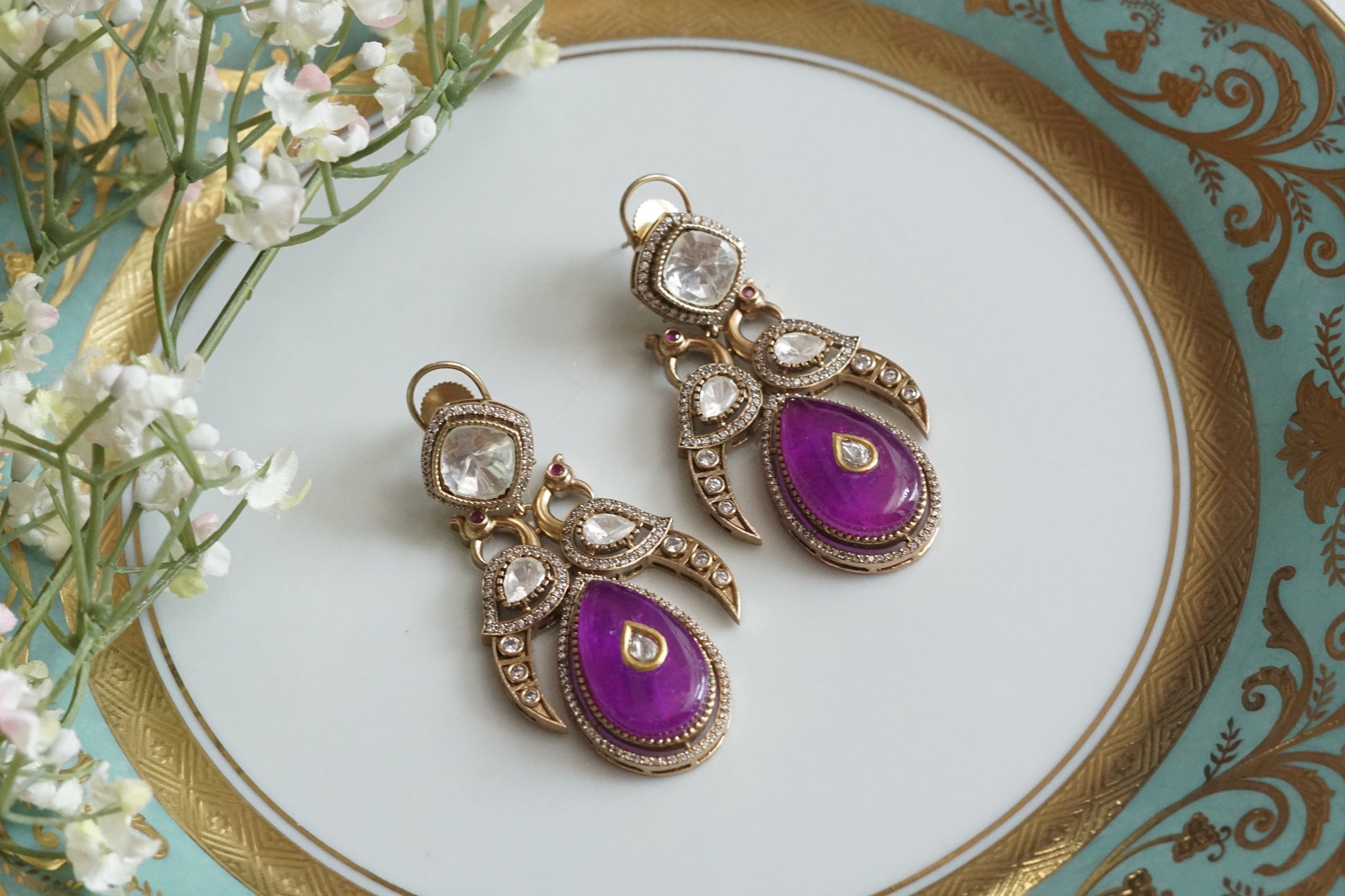 Purple Stone Polki Earrings (1-5154)(B) - JEWELSTYLE