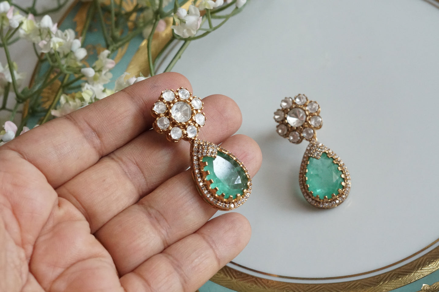 Light Green Stone Polki Earrings (1-5158)(B) - JEWELSTYLE