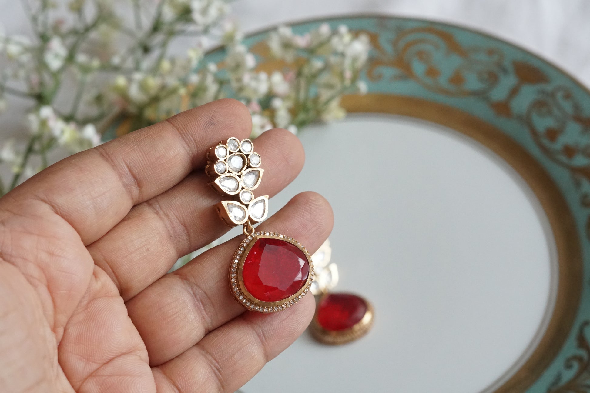 Red Stone Polki Earrings (1-5157)(B) - JEWELSTYLE