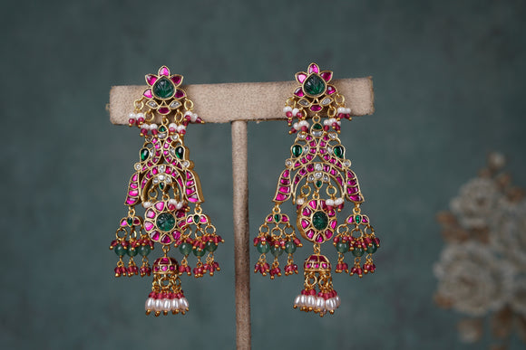 Green & Pink Kundan Earrings (1-4685)(K)