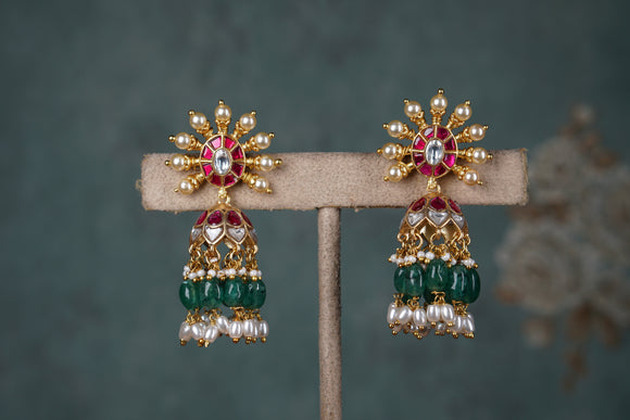 Pink & White Kundan Jhumki (1-4682)(K)
