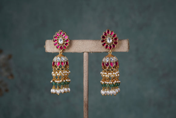Pink & White Kundan Jhumki (1-4681)(K)