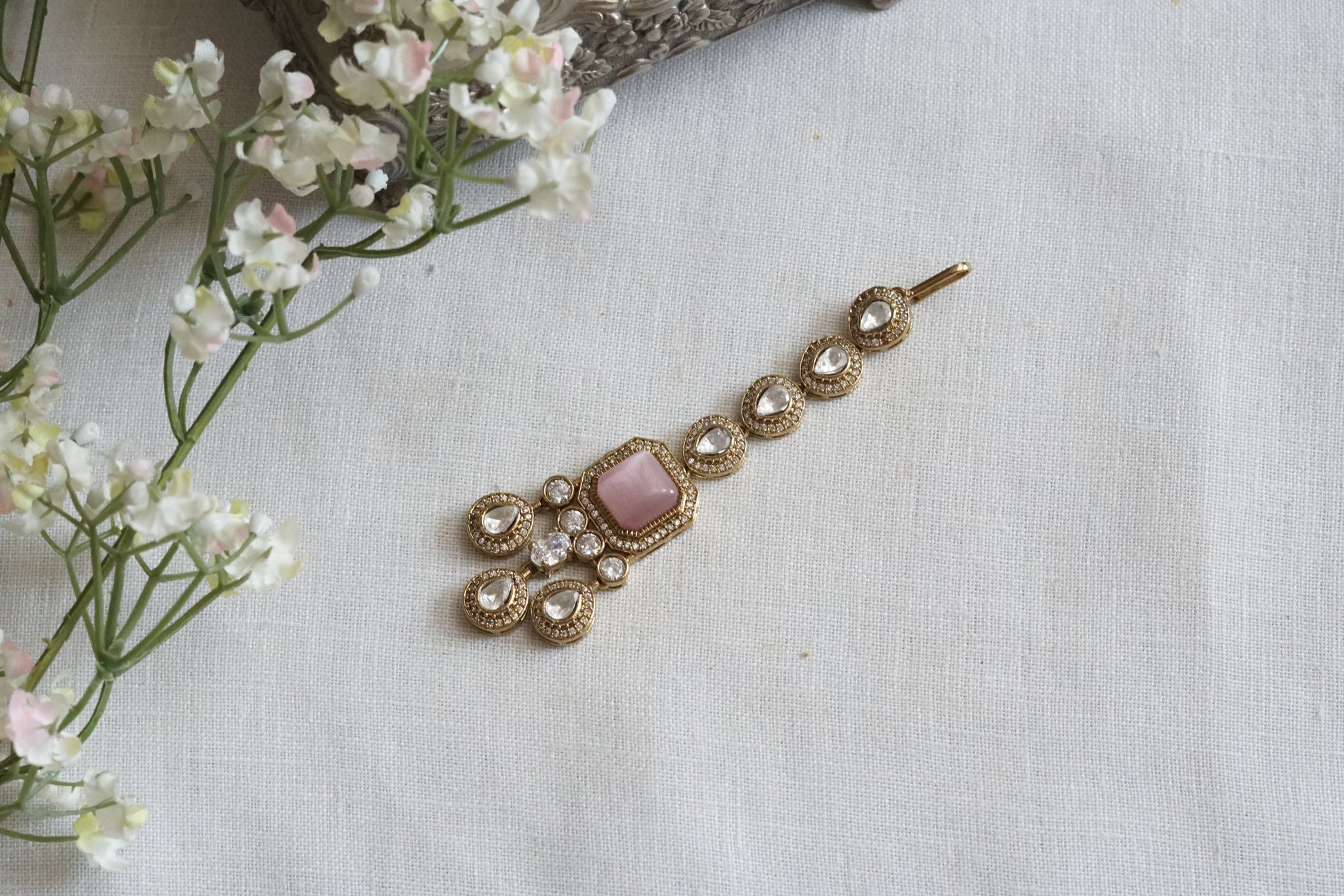 Light Green Stone Polki Maangtika (5-1720)(B) - JEWELSTYLE