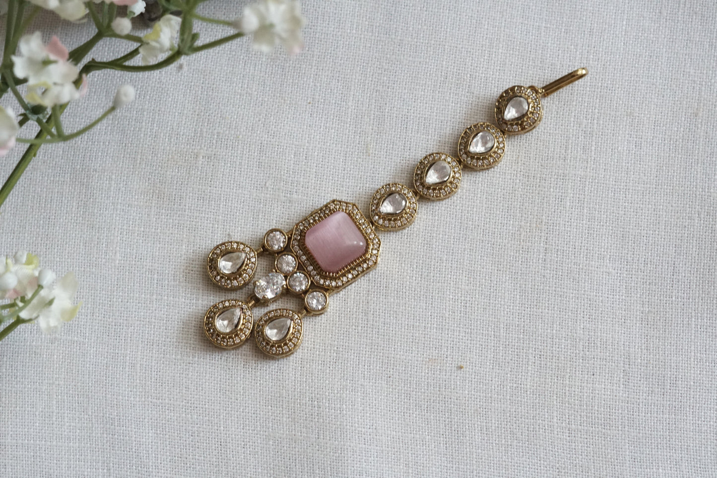 Light Green Stone Polki Maangtika (5-1720)(B) - JEWELSTYLE
