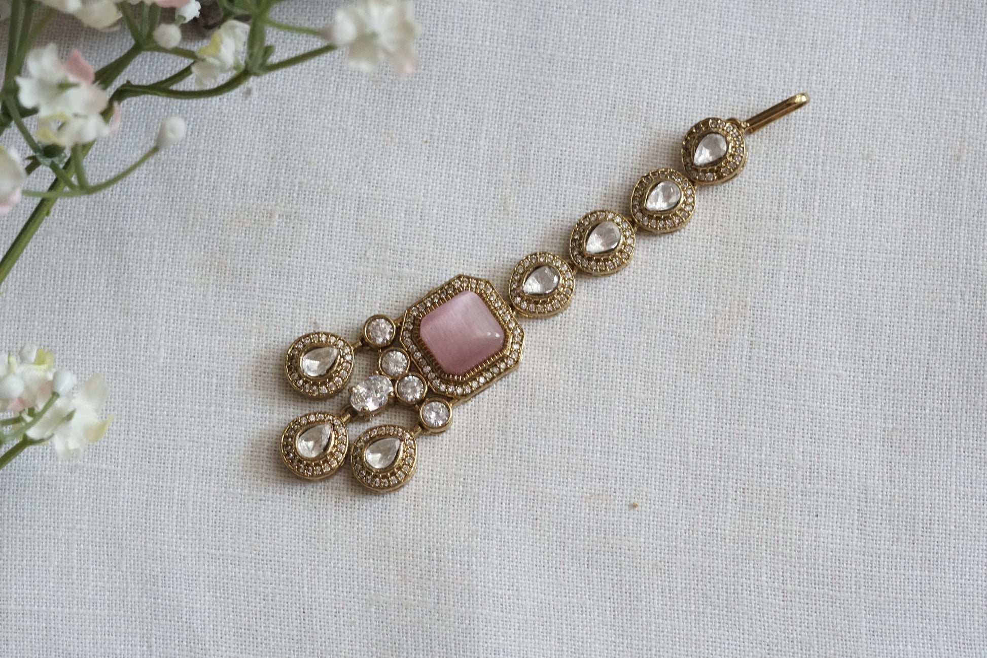 Light Green Stone Polki Maangtika (5-1720)(B) - JEWELSTYLE