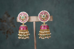 Pink & White Kundan Jhumki (1-4680)(K)