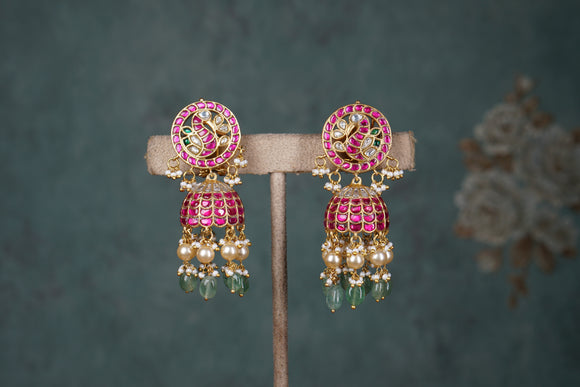 Pink & White Kundan Jhumki (1-4679)(K)