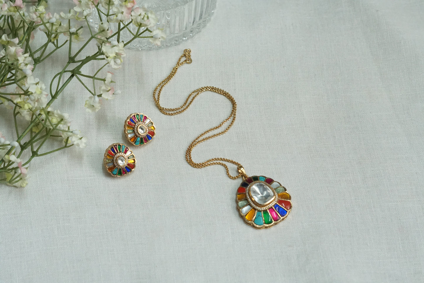 Multi Stone Polki Pendant Set (4-9153)(B) - JEWELSTYLE
