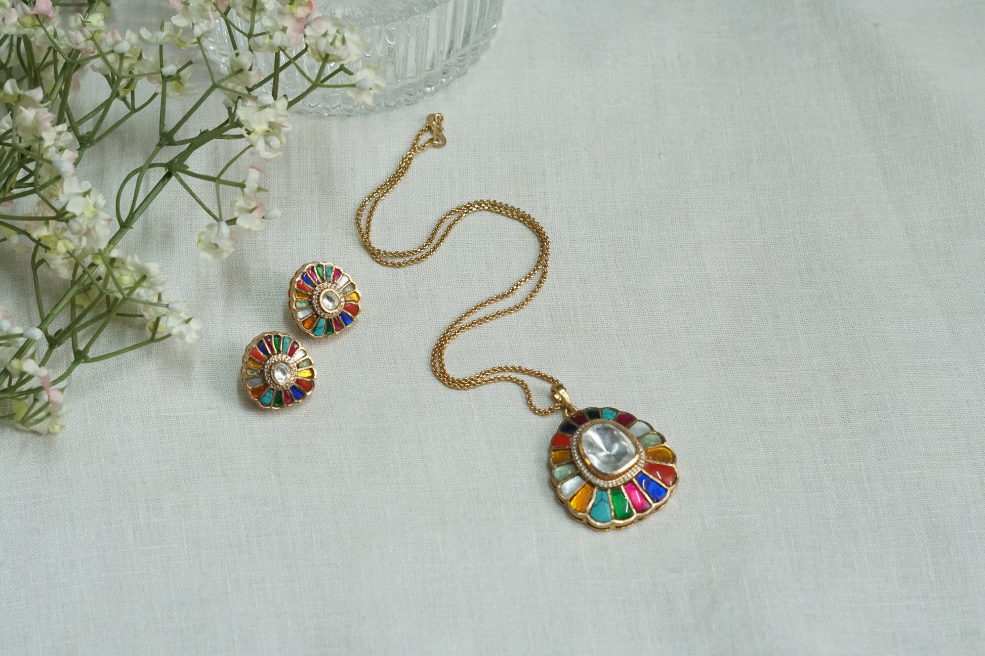 Multi Stone Polki Pendant Set (4-9153)(B) - JEWELSTYLE