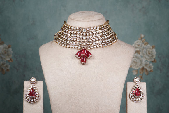 Red Stone Polki Necklace set (4-8553)(B)