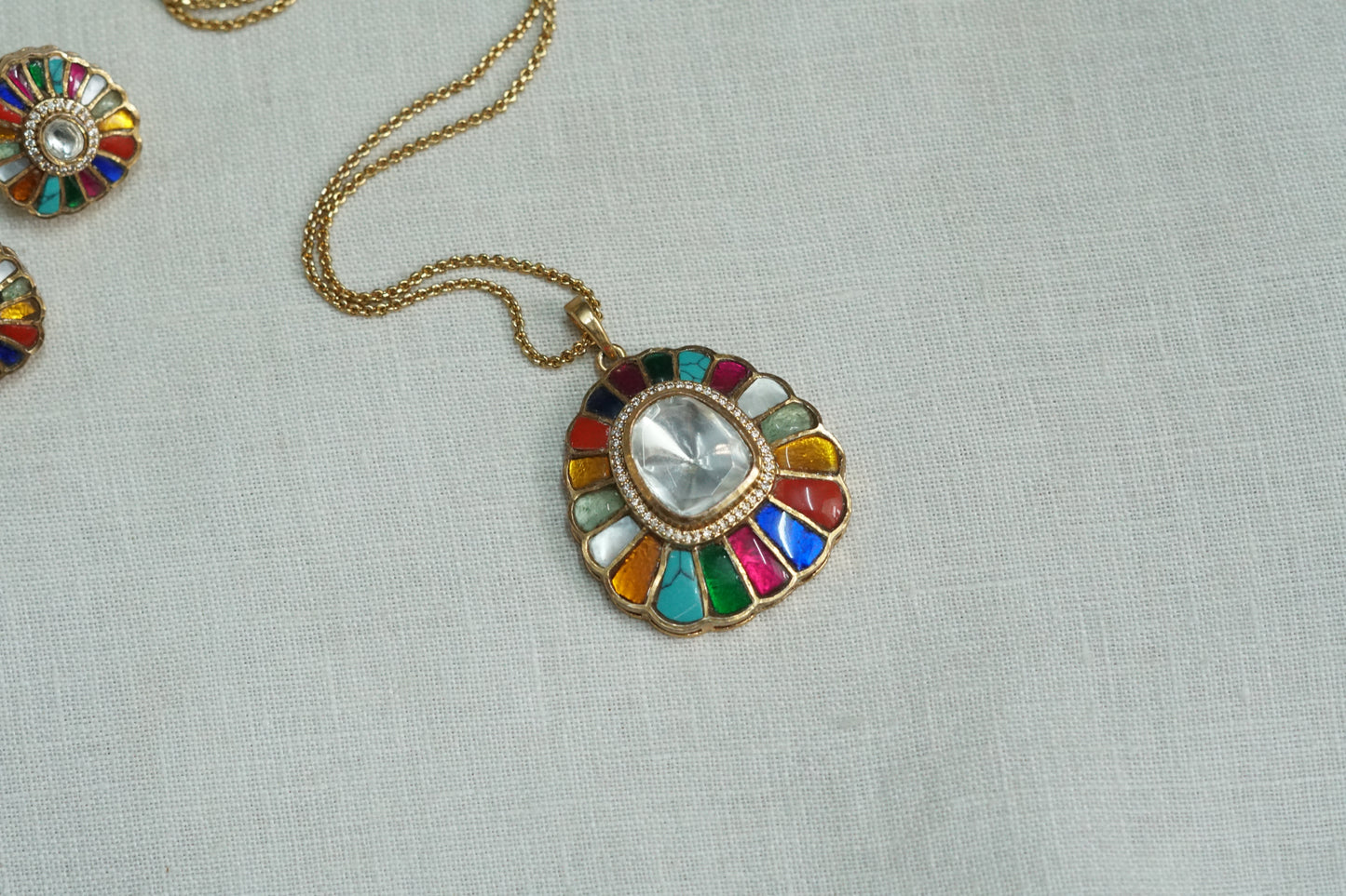Multi Stone Polki Pendant Set (4-9153)(B) - JEWELSTYLE