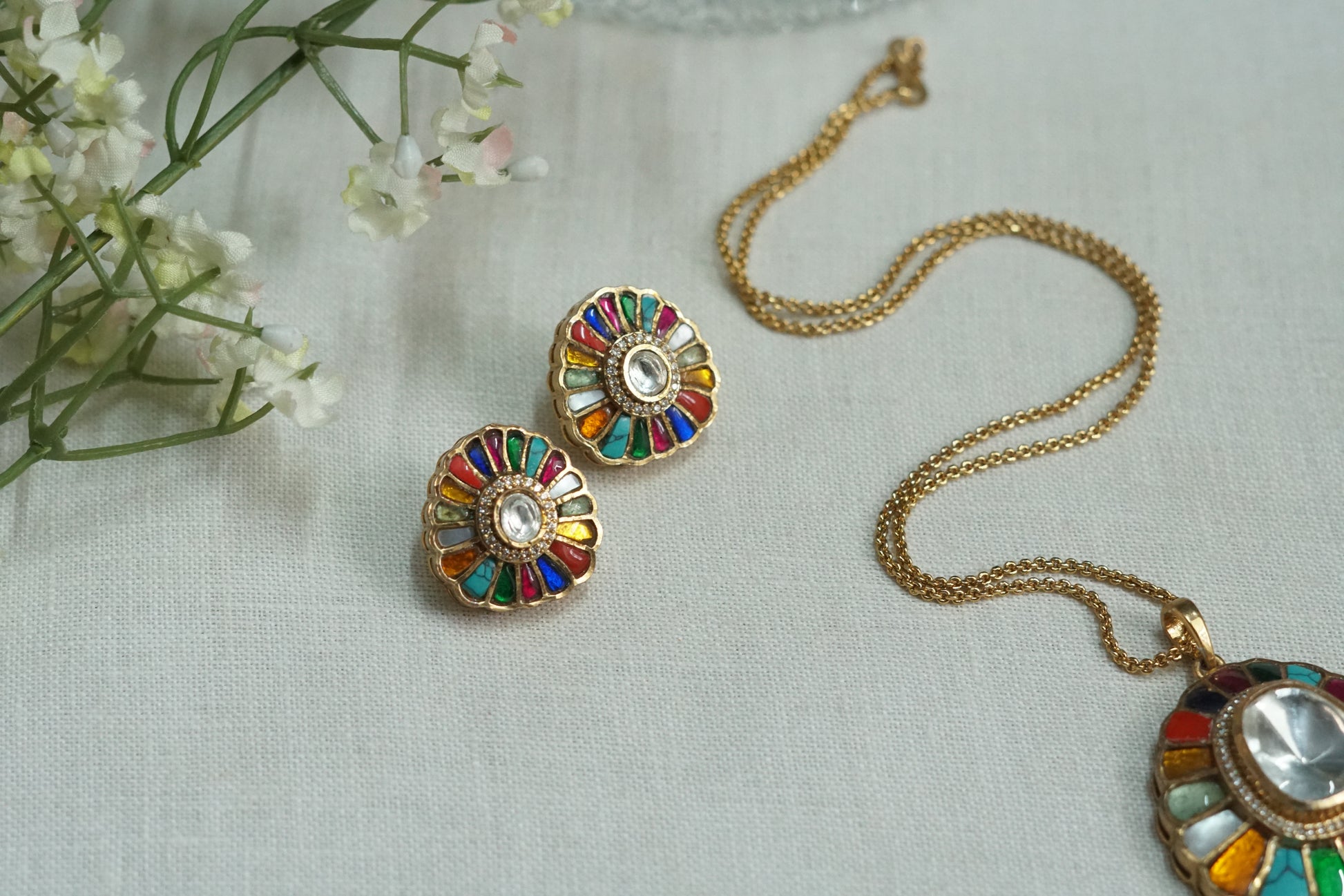 Multi Stone Polki Pendant Set (4-9153)(B) - JEWELSTYLE