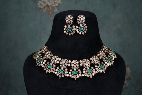 Mossiansite Green Stone Polki Necklace set (4-8555)(B)