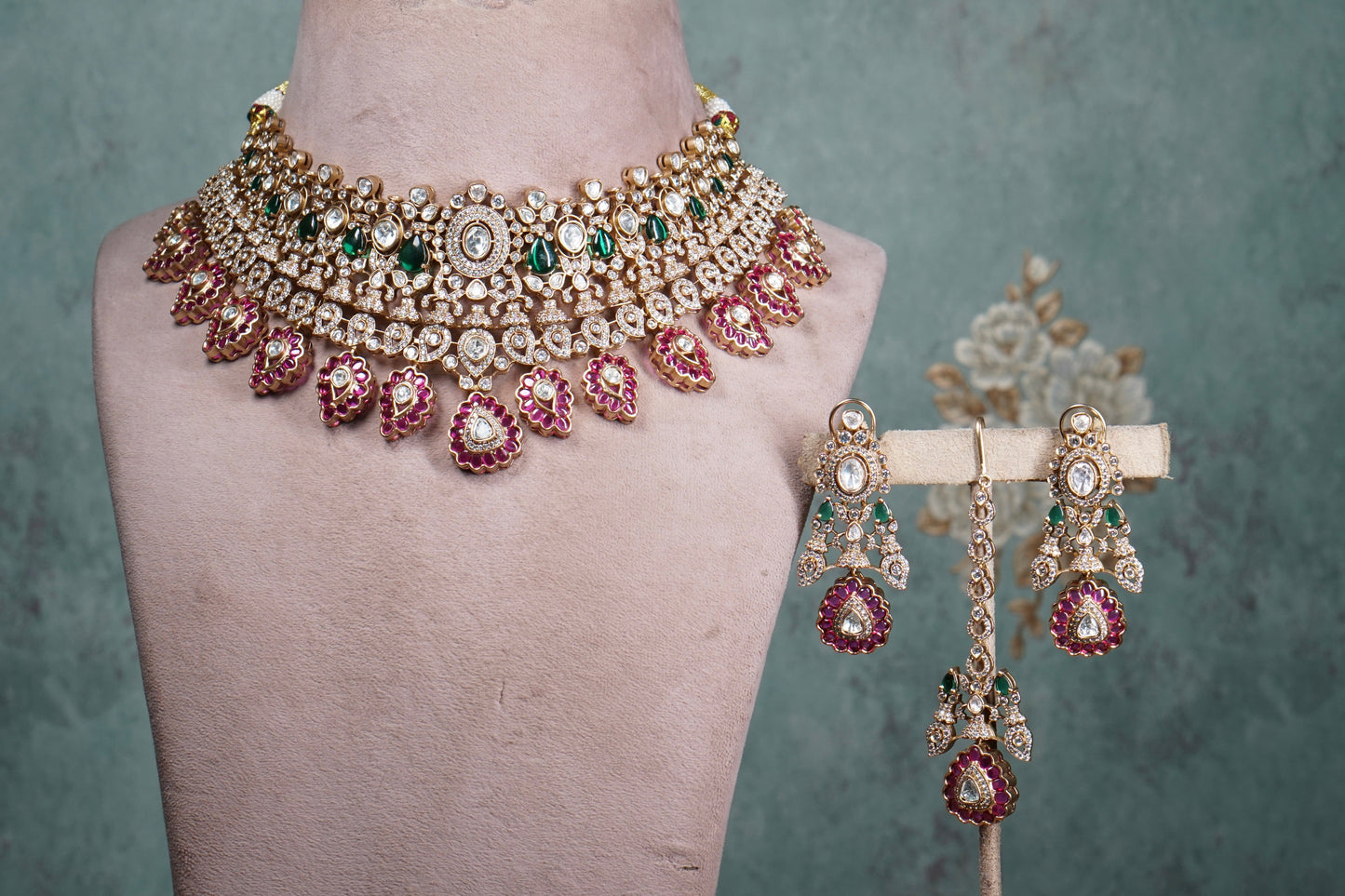 Polki Necklace set With Maangtikka (4-8556)(B)(PREORDER)