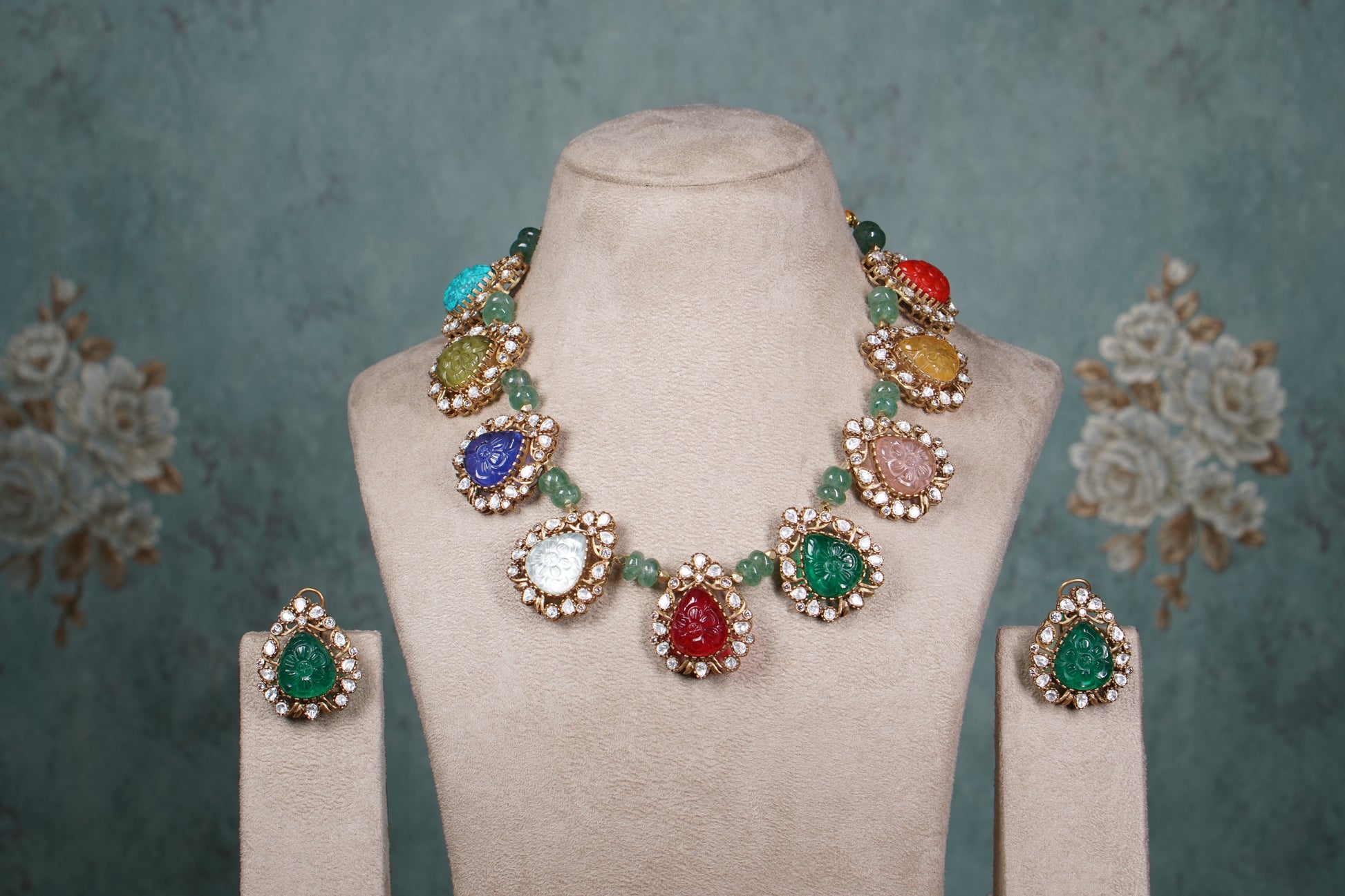 Multi Stone Polki Necklace set (4-8562)(B) - JEWELSTYLE