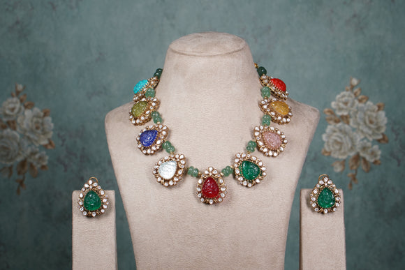 Multi Stone Polki Necklace set (4-8562)(B)