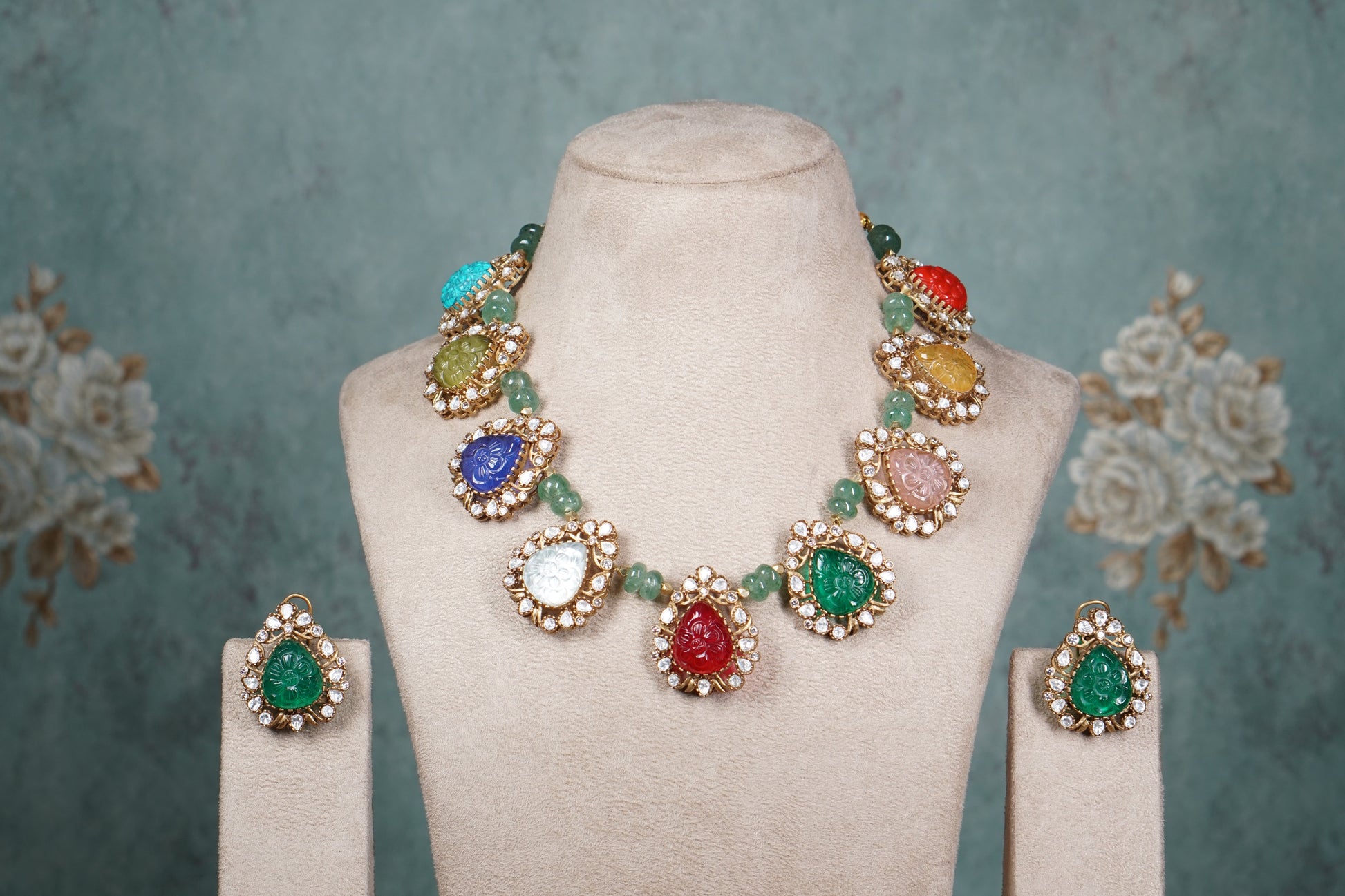 Multi Stone Polki Necklace set (4-8562)(B) - JEWELSTYLE