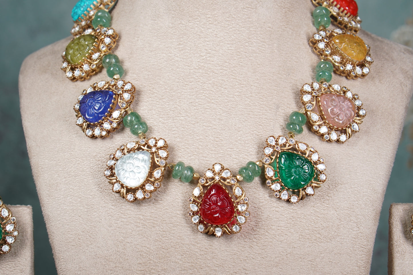 Multi Stone Polki Necklace set (4-8562)(B) - JEWELSTYLE