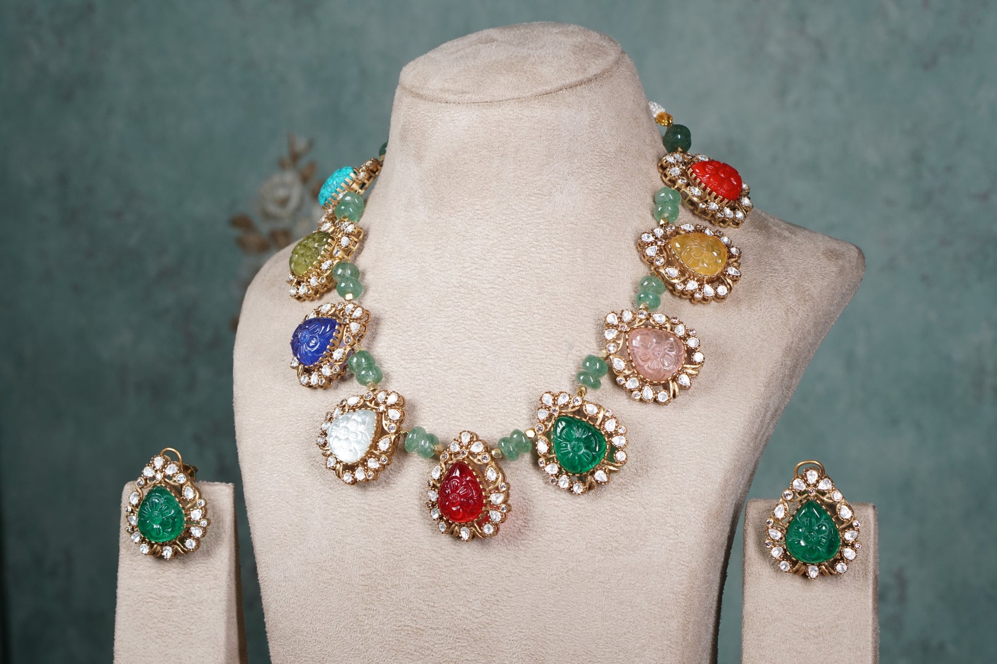 Multi Stone Polki Necklace set (4-8562)(B) - JEWELSTYLE