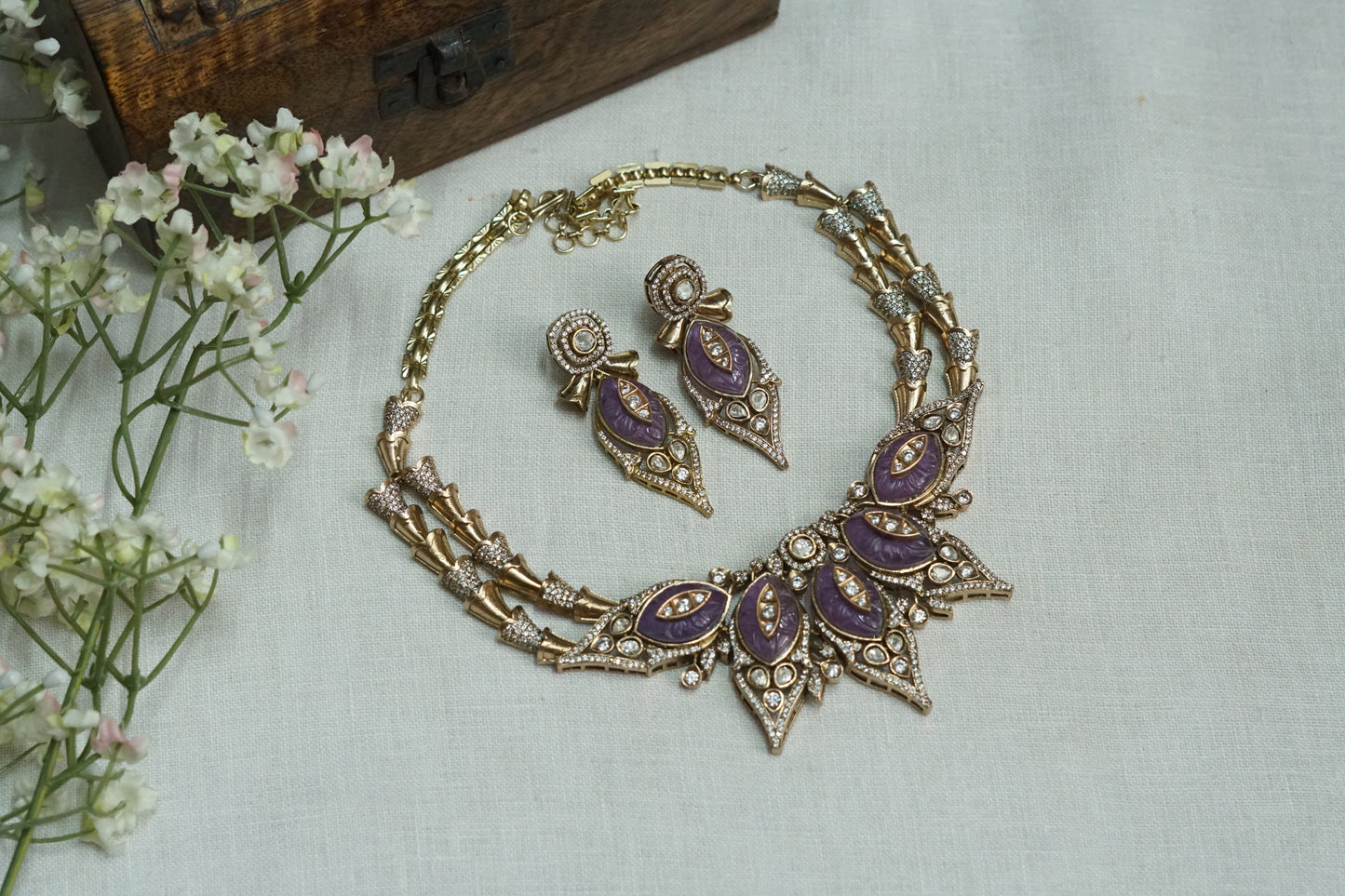 Amethyst Stone Polki Necklace Set (4-9179)(B)