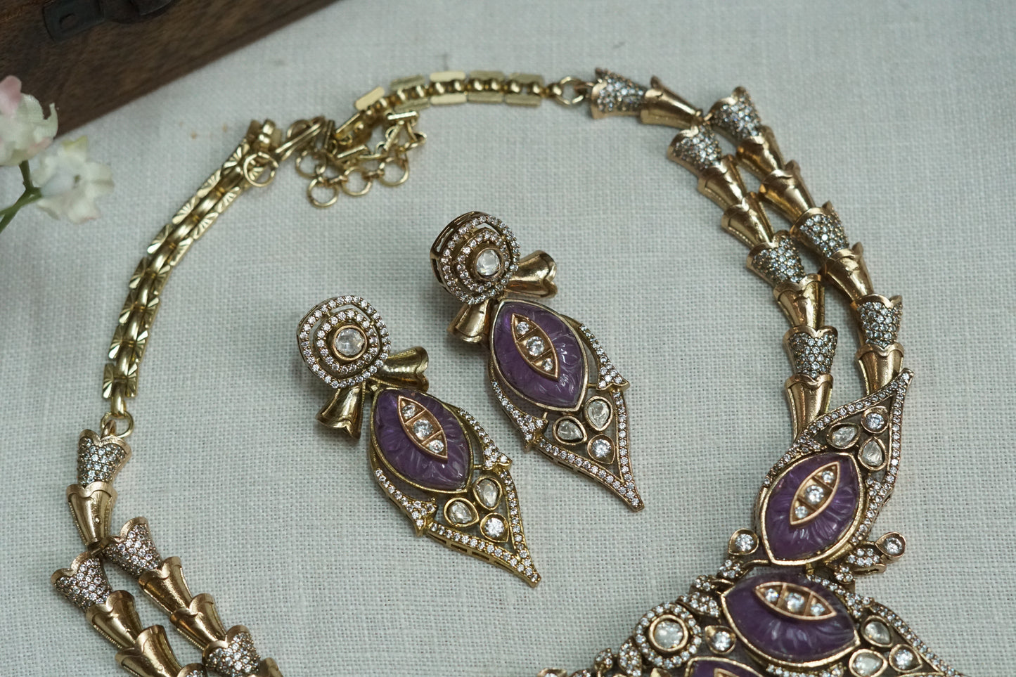 Amethyst Stone Polki Necklace Set (4-9179)(B)