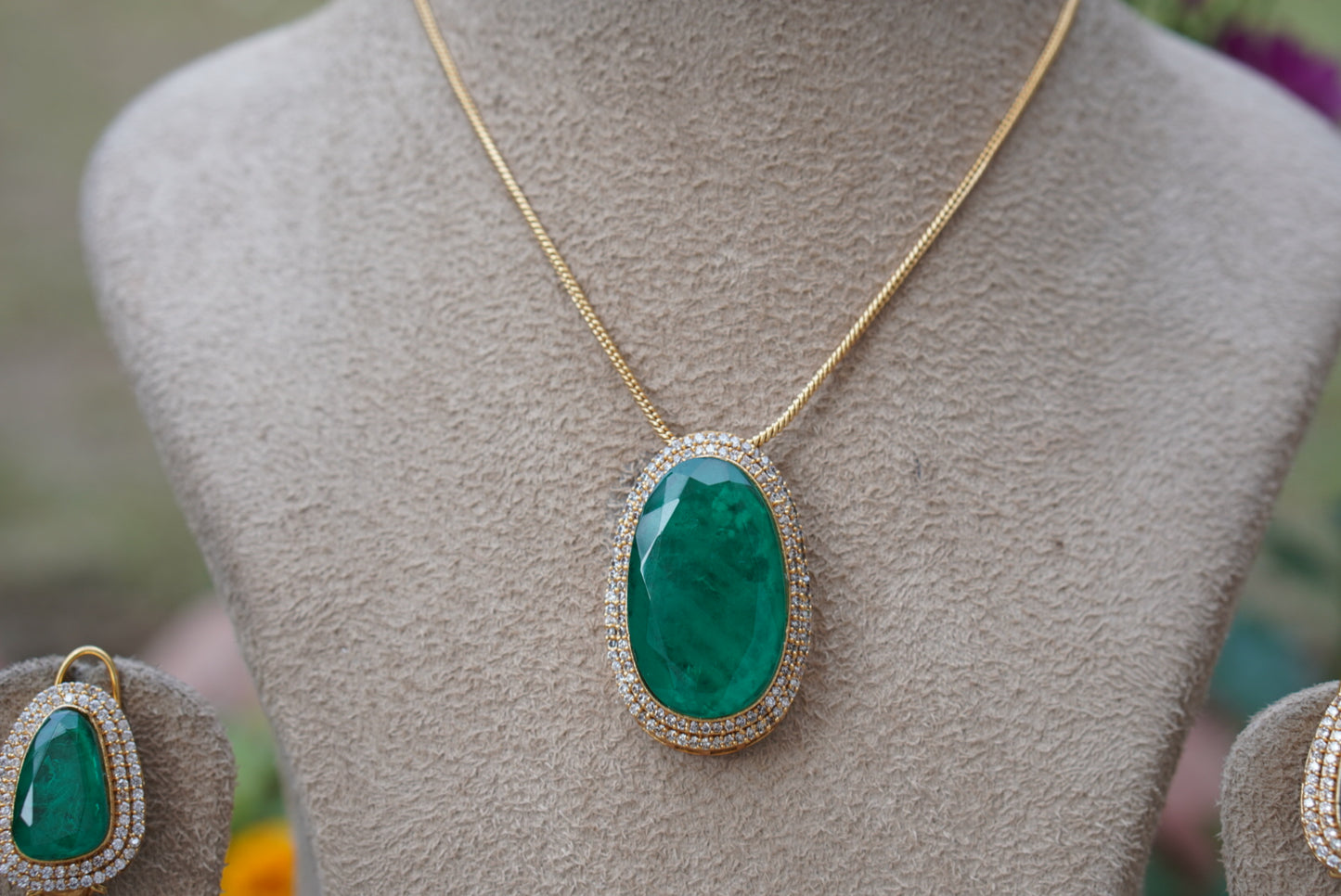Green doublet stone Polki pendant set (4-7805) (B) - JEWELSTYLE