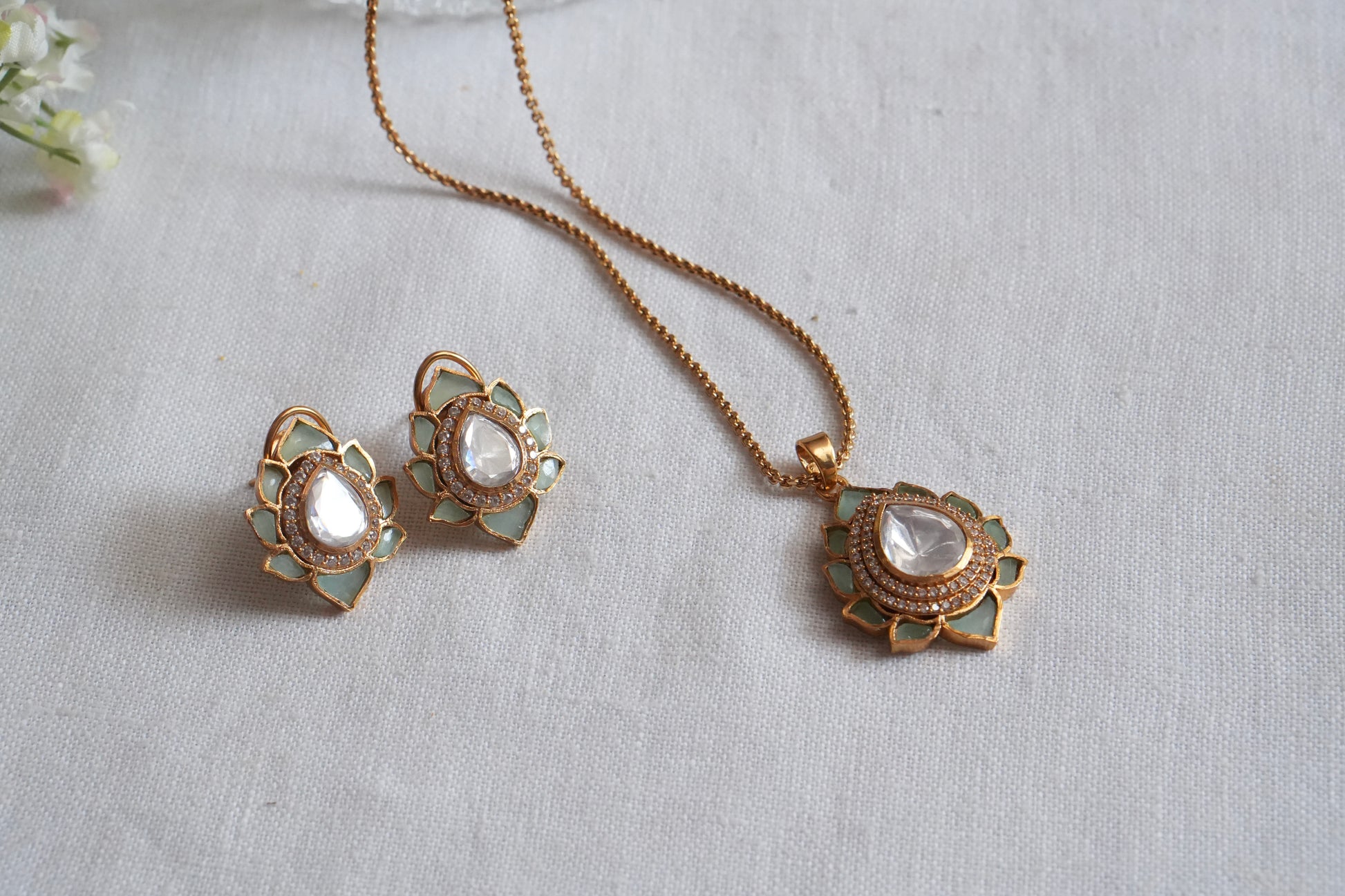 Mint Stone Polki Pendant Set  (4-9035)(B) - JEWELSTYLE