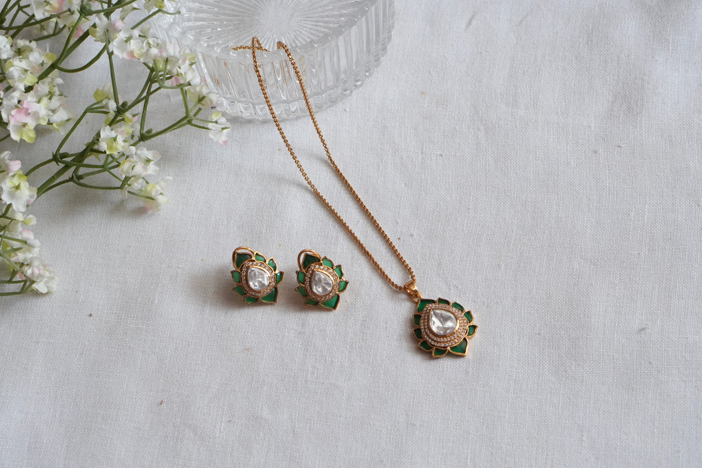 Green Stone Polki Pendant Set  (4-9039)(B) - JEWELSTYLE