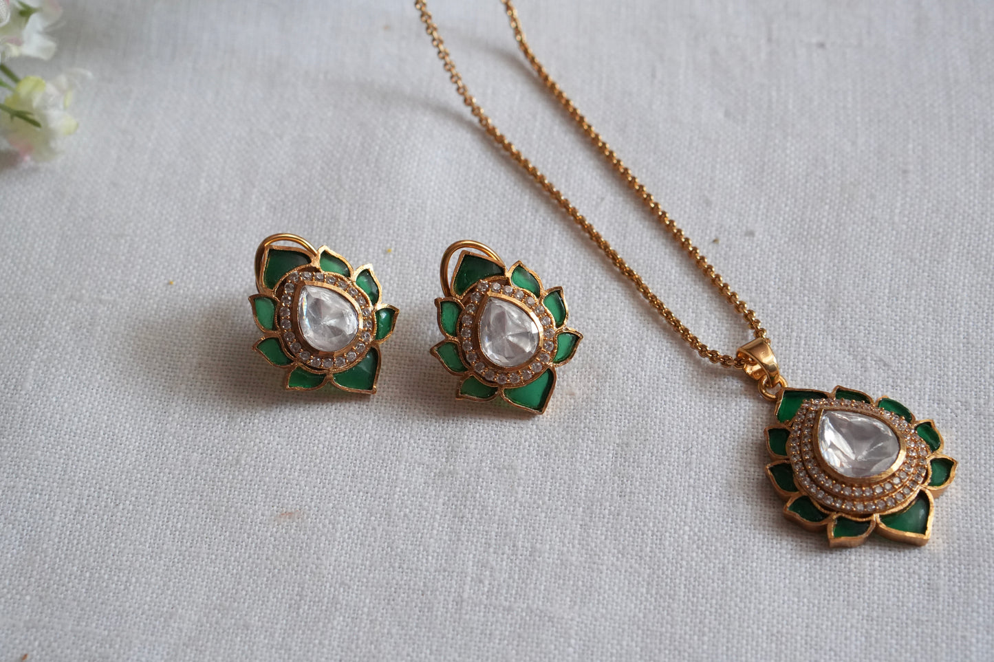 Green Stone Polki Pendant Set  (4-9039)(B) - JEWELSTYLE