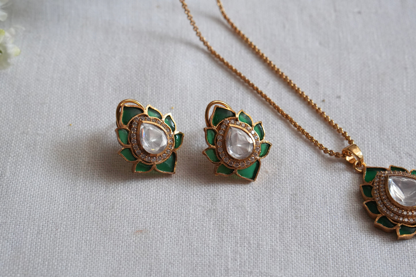 Green Stone Polki Pendant Set  (4-9039)(B) - JEWELSTYLE