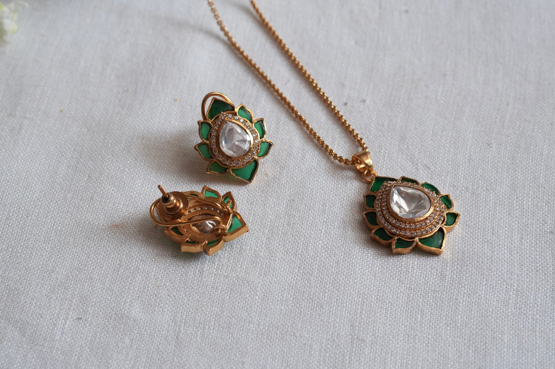 Green Stone Polki Pendant Set  (4-9039)(B) - JEWELSTYLE