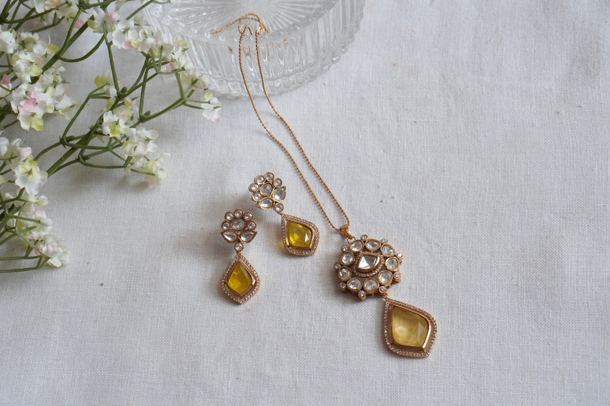 Yellow Stone Polki Pendant Set  (4-9038)(B) - JEWELSTYLE
