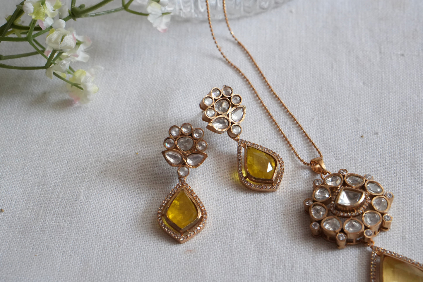Yellow Stone Polki Pendant Set  (4-9038)(B) - JEWELSTYLE