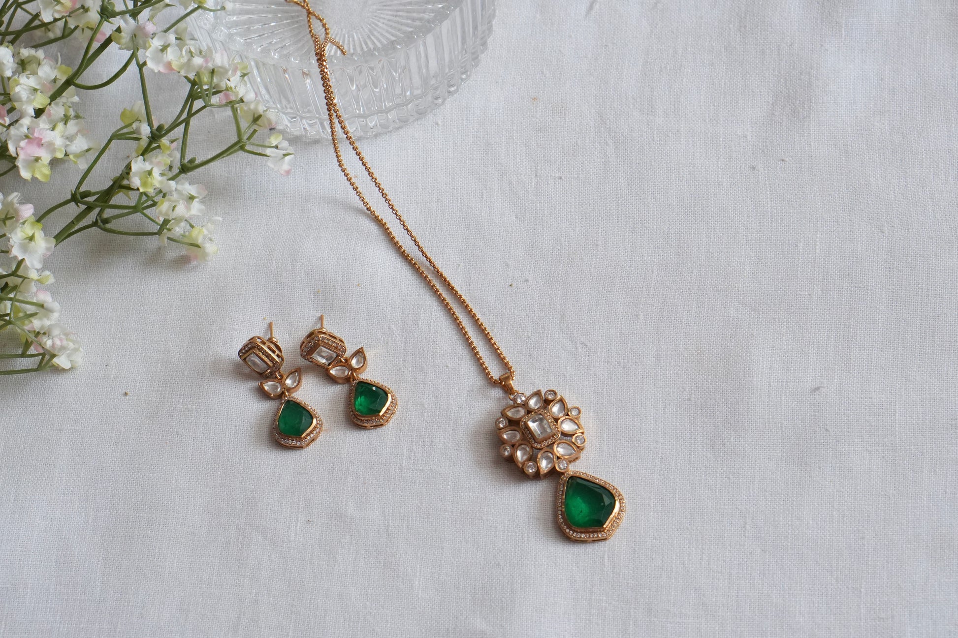 Green Stone Polki Pendant Set  (4-9032)(B) - JEWELSTYLE