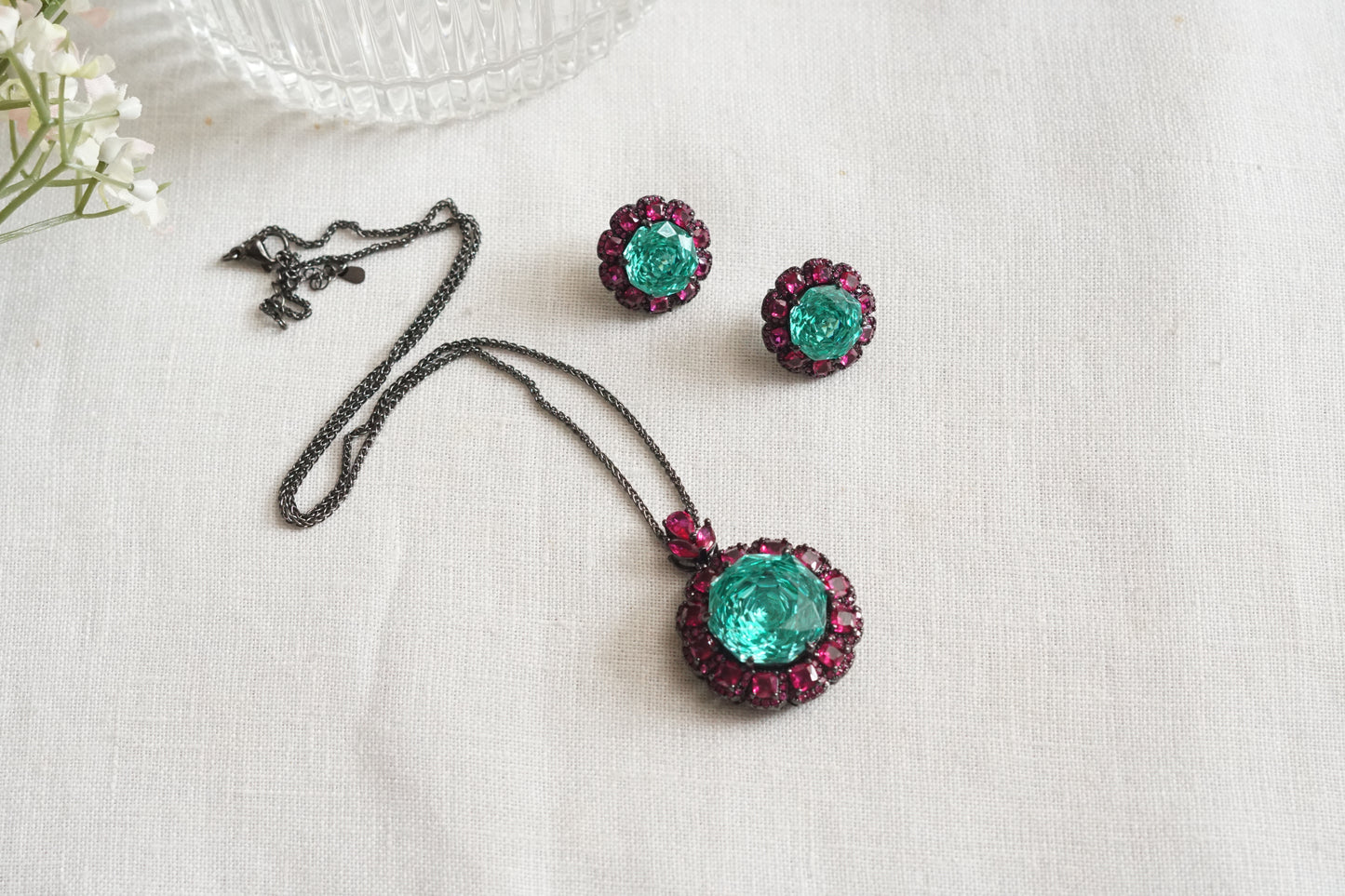 Ruby Stone And aqua Stone Pendant Set (4-9170)(B)(From Turkey)