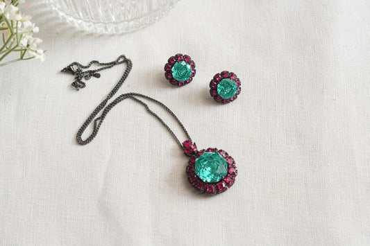 Ruby Stone And aqua Stone Pendant Set (4-9170)(B)(From Turkey) - JEWELSTYLE