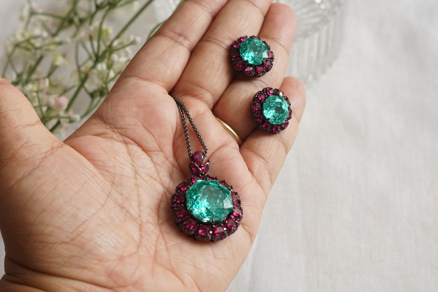 Ruby Stone And aqua Stone Pendant Set (4-9170)(B)(From Turkey)
