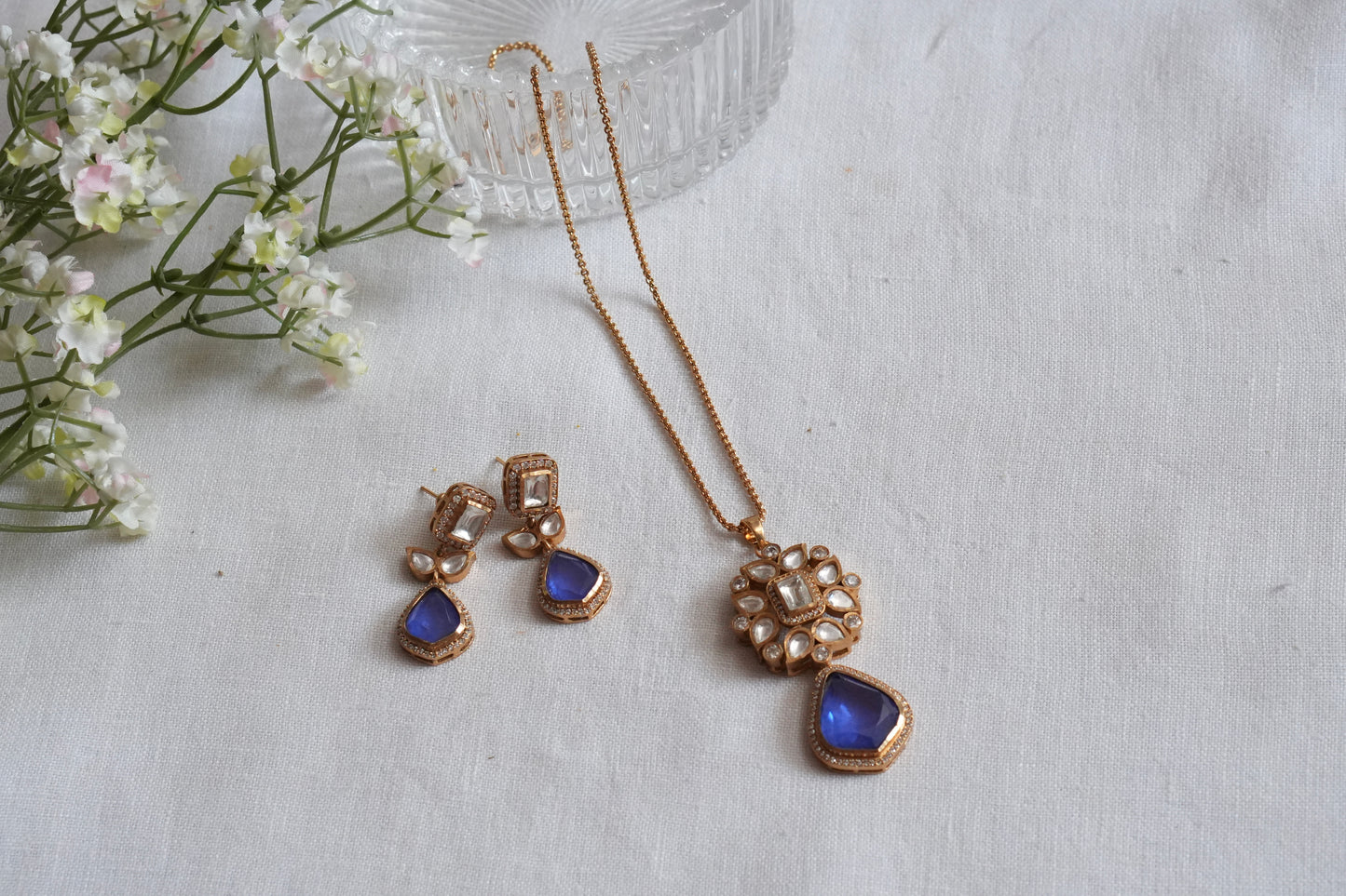 Blue Stone Polki Pendant Set  (4-9034)(B) - JEWELSTYLE