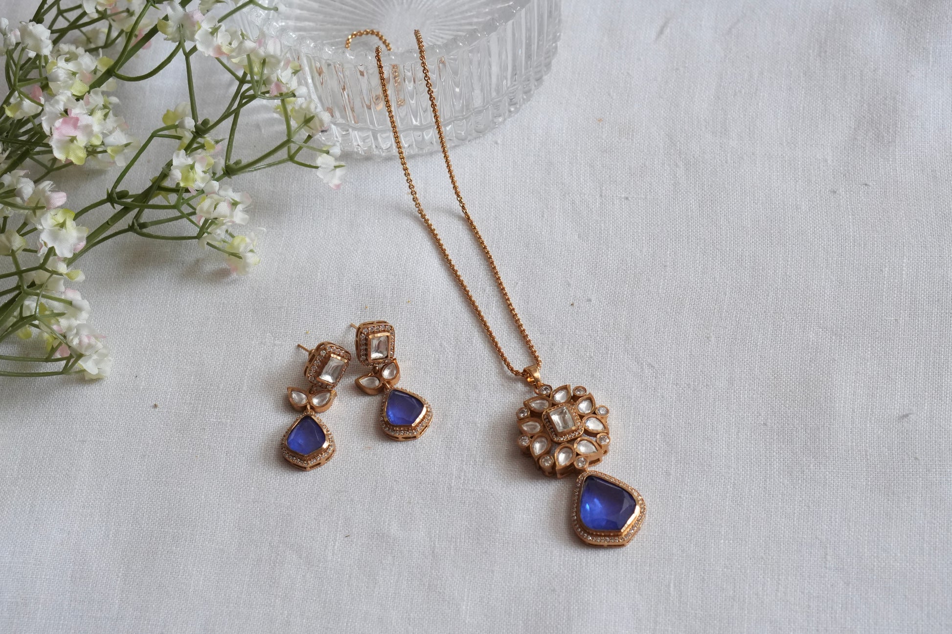 Blue Stone Polki Pendant Set  (4-9034)(B) - JEWELSTYLE