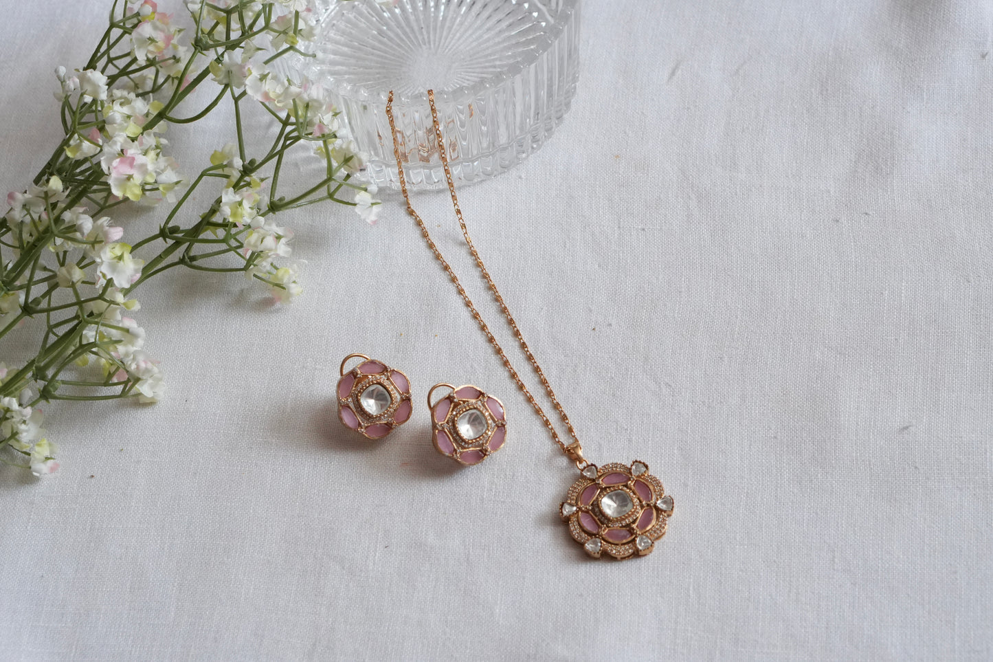 Light Pink Stone Polki Pendant Set  (4-9036)(B) - JEWELSTYLE