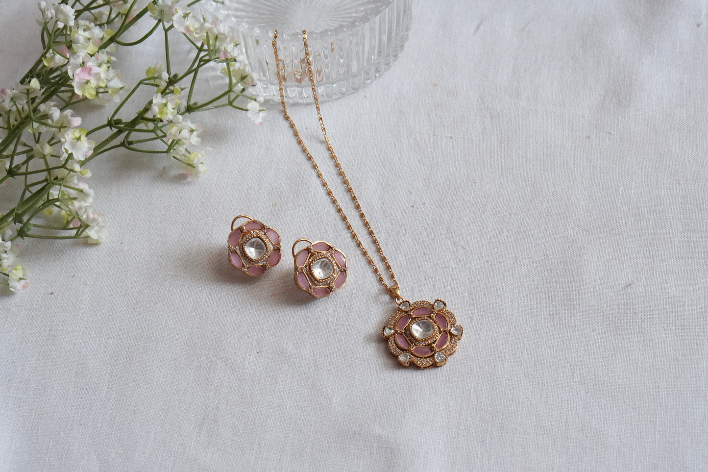 Light Pink Stone Polki Pendant Set  (4-9036)(B) - JEWELSTYLE