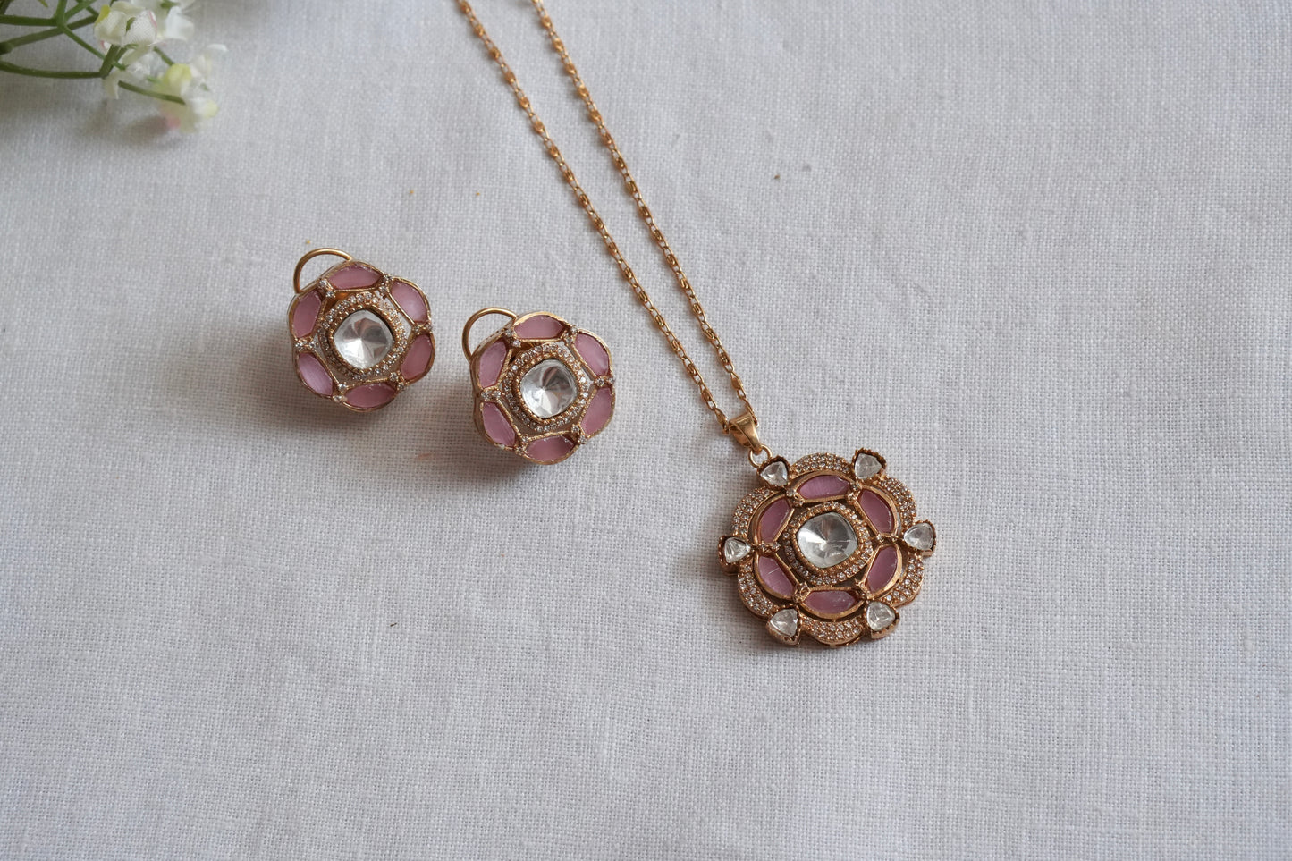 Light Pink Stone Polki Pendant Set  (4-9036)(B) - JEWELSTYLE