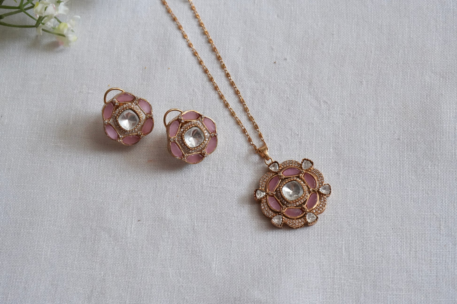 Light Pink Stone Polki Pendant Set  (4-9036)(B) - JEWELSTYLE