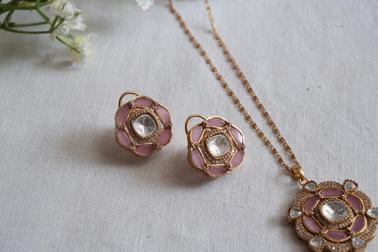 Light Pink Stone Polki Pendant Set  (4-9036)(B) - JEWELSTYLE